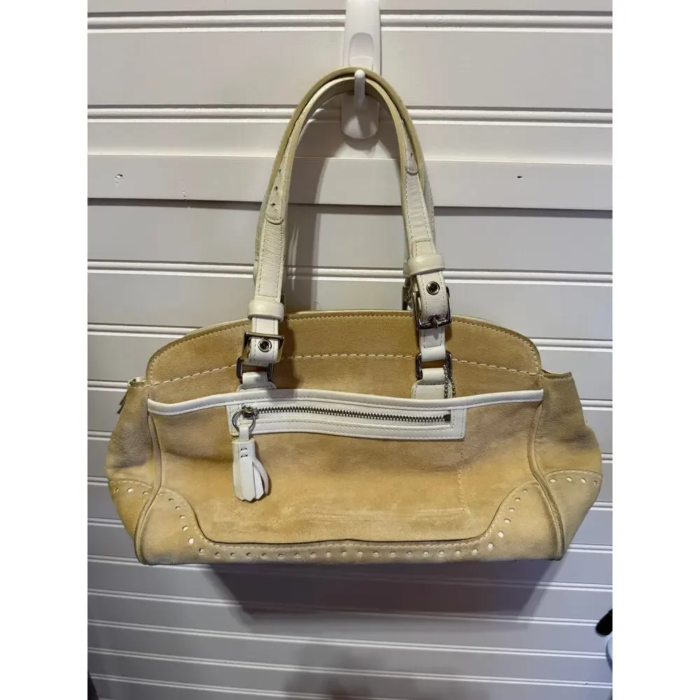 VTG Coach Yellow/Tan Suede with White Leather Trim Hampton Bag Style J04S-5081